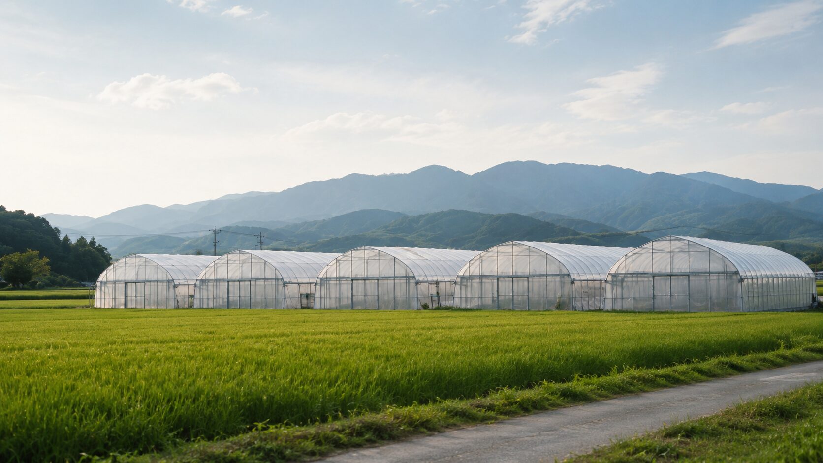 木本農園のビニールハウスと佐賀の山並み