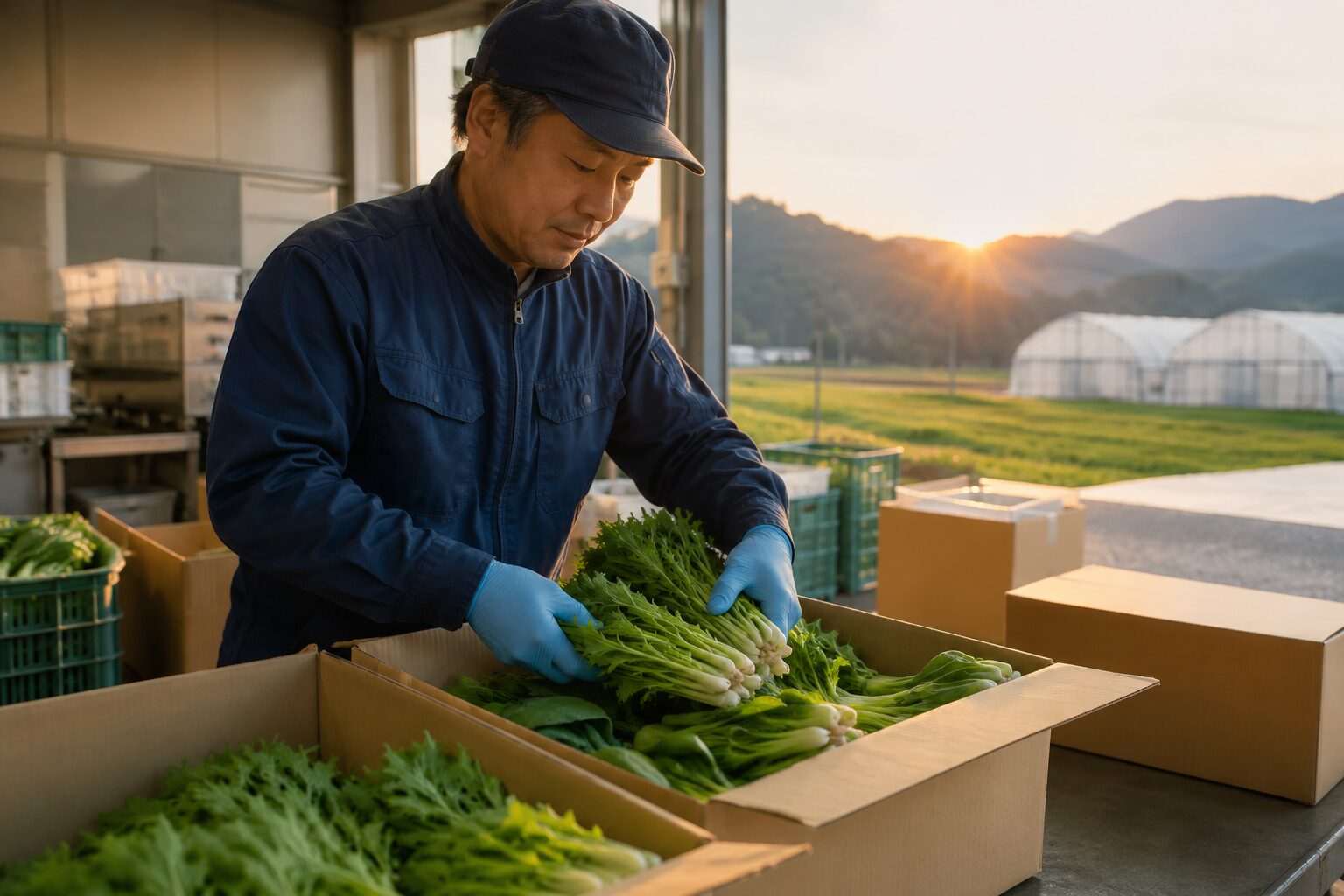 出荷前の小松菜を箱詰めする様子